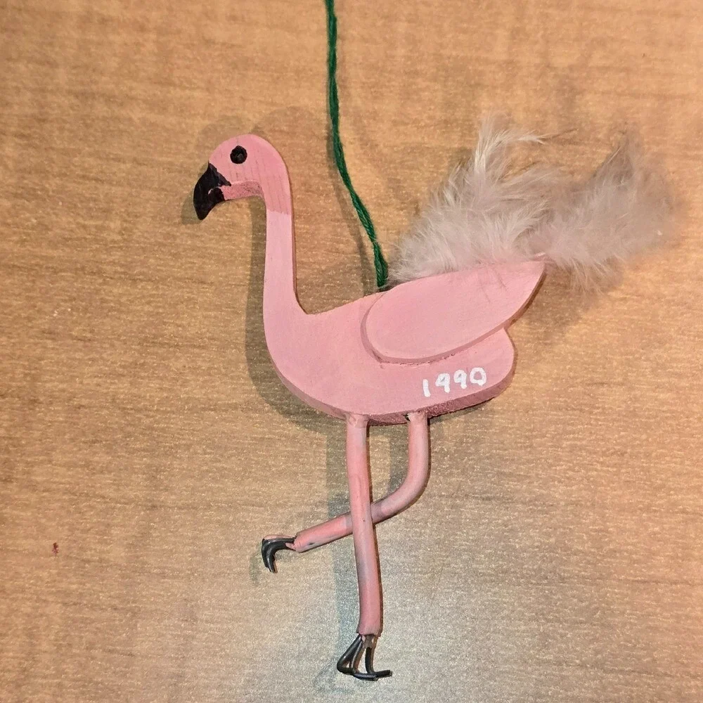 Wooden Flamingo Ornament Hanging Real Feather Pink Fork‎ Feet Handmade 1990